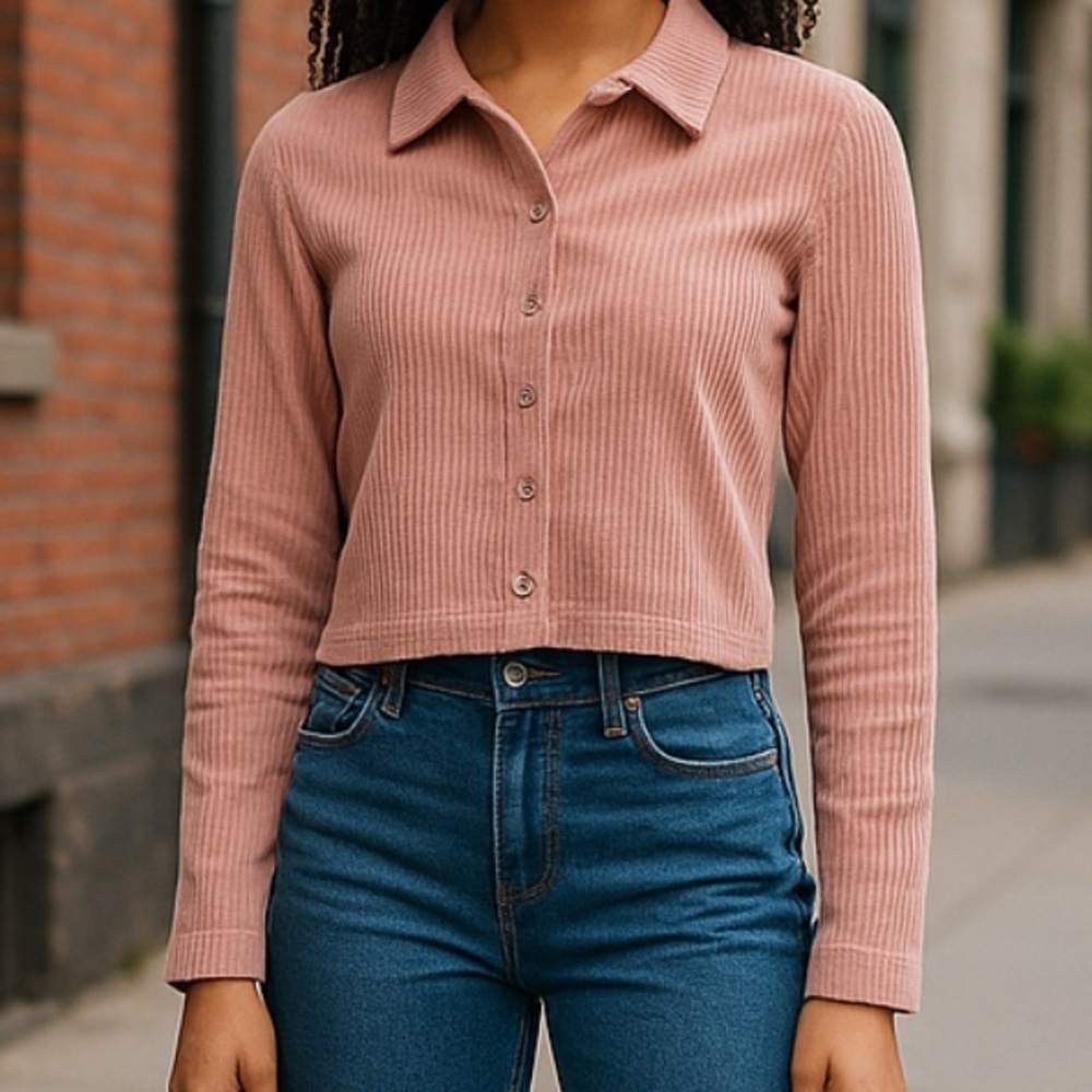 Aritzia Sunday Best Ribbed Button Up, Pink, Cropped, Womens 2XS